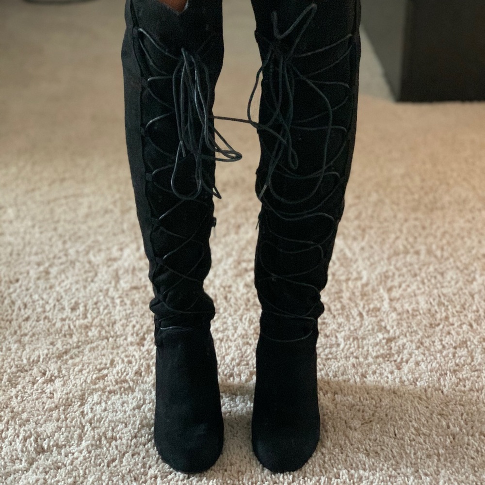 Black lace up knee high boots